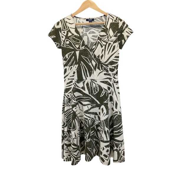 Chaps Dresses & Skirts - Chaps Womens Olive Green White Tropical Palm Leaf Faux Wrap A-Line Dress Size M